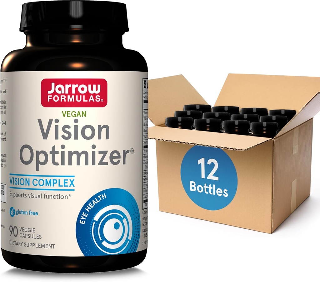 Jarrow Formulas Vision Optimizer Veggie Caps- 90 Count - Eye Supplement- Dietary Supplement- with Grape Seed Extract, Lutein & Zeaxanthin, Quercetin & More- Non- GMO- Gluten Free, Pack of 12