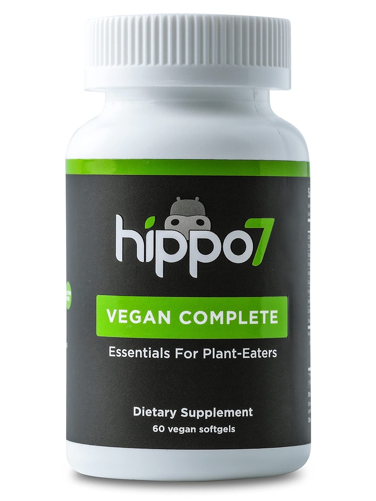 Hippo7 Vegan Complete Multivitamin Vitamin B12, D-vitamin, Omega-3 DHA + EPA, Calcium, Jod, Zink & Jern. (1 flaske, 60 Softgels)