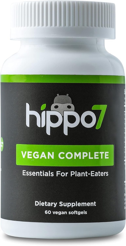 Hippo7 Vegan Complete Multivitamin Vitamin B12, D-vitamin, Omega-3 DHA + EPA, Calcium, Jod, Zink & Jern. (1 flaske, 60 Softgels)