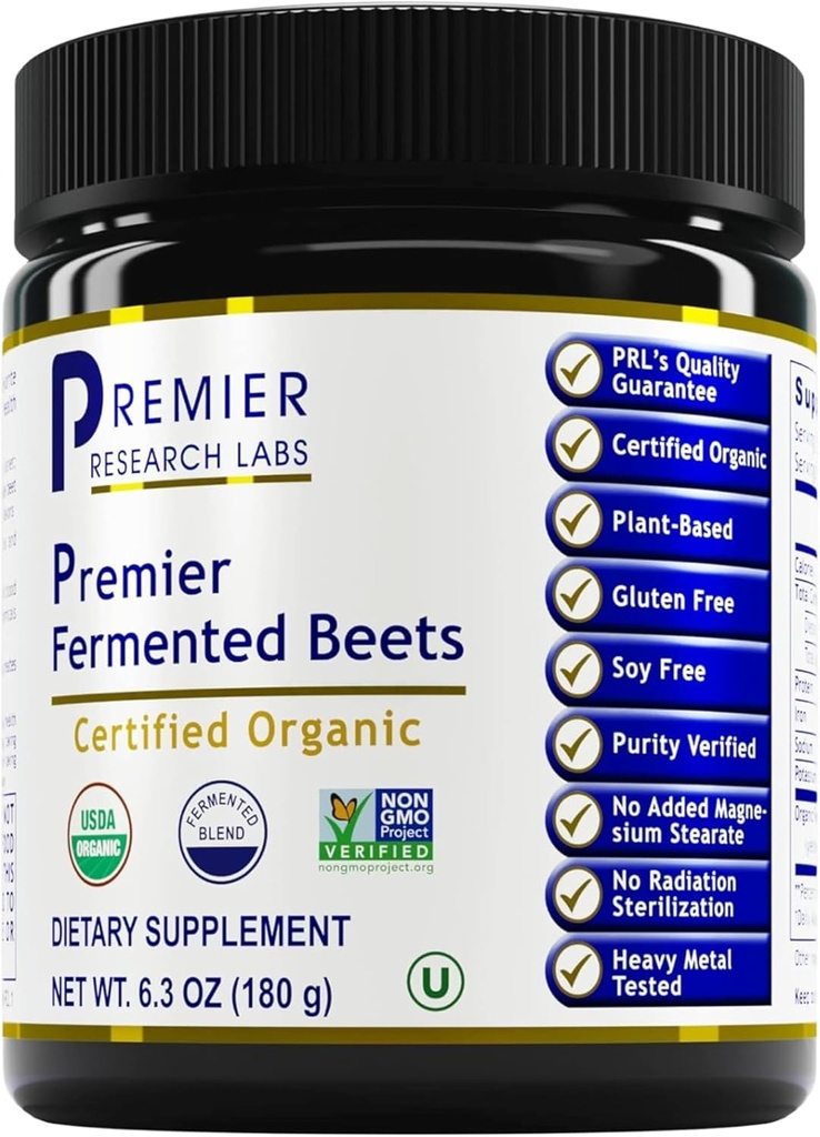 Premier Research Labs Premier Fermented Beets - Beet Root Powder Fermented, Organic Fermented Beets for Mænd & Kvinder, Beetroot, Nitrater, Blood Pressure Support, USDA Organic - 6.3 Oz Jar