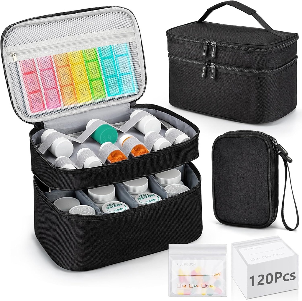 Medicin Organizer Bag, Double Layer Pill Flaske Opbevaring med 120 Pill Pouch Travel Baggies, Portable Medicine Storage Bag til piller, Vitaminer, Medicinske forsyninger til Home Storage, Førstehjælp