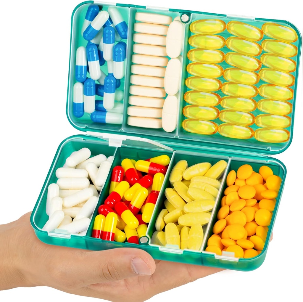 Yaklim Magnetic Travel Pill Organizer, 7 Compartments Portable Pill Box, Stor Vitamin Organizer med etiketter, Daglig Pill sag Medicine Organizer, Big Supplement Organizer Magnet Pill Container Green