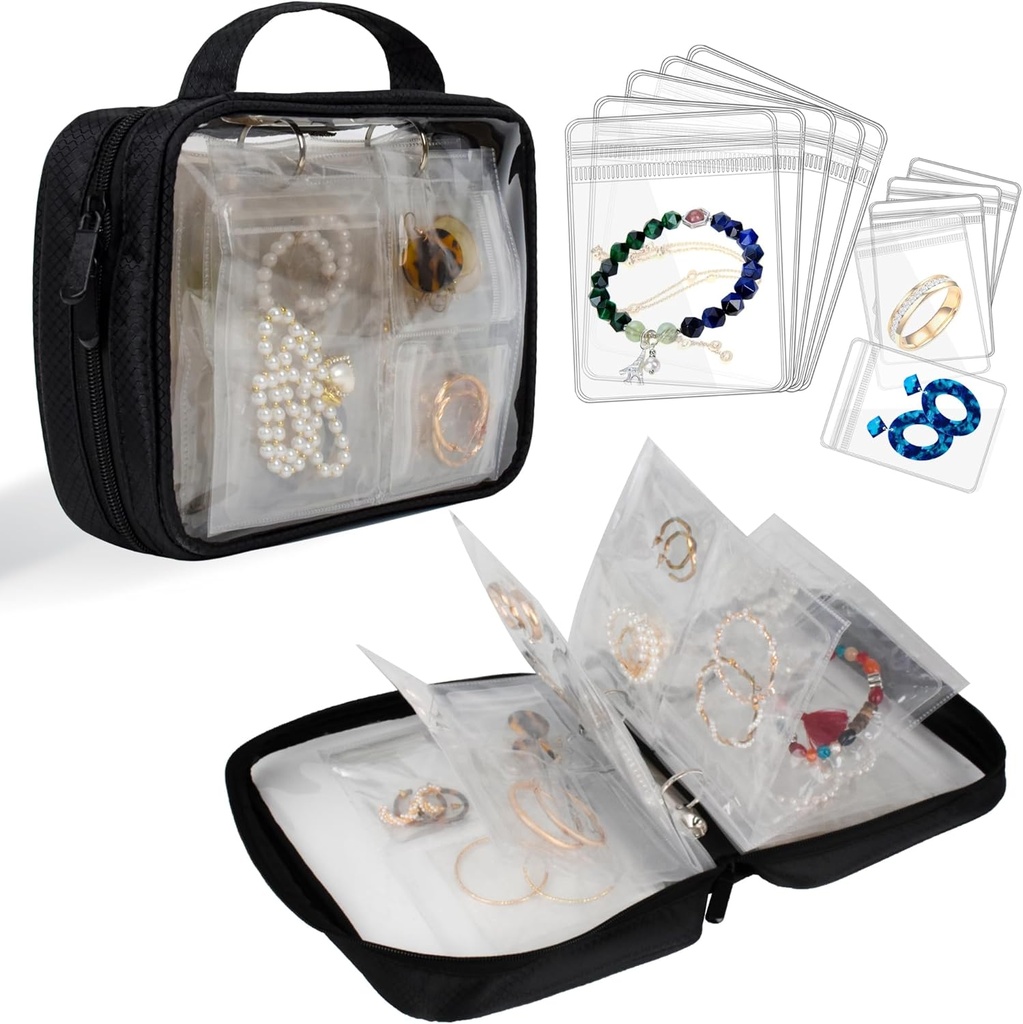Travel Smykker Organizer sag Transparent Smykker Opbevaring Book Binder Bag for øreringe, ringe, halskæde, armbånd, sort