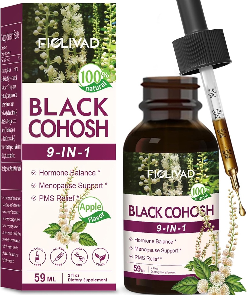 Black Cohosh Drops, Herbal Extract Blend for Hormone Balance, Menopause Support & PMS Relief. 2oz- (Apple Flavor)