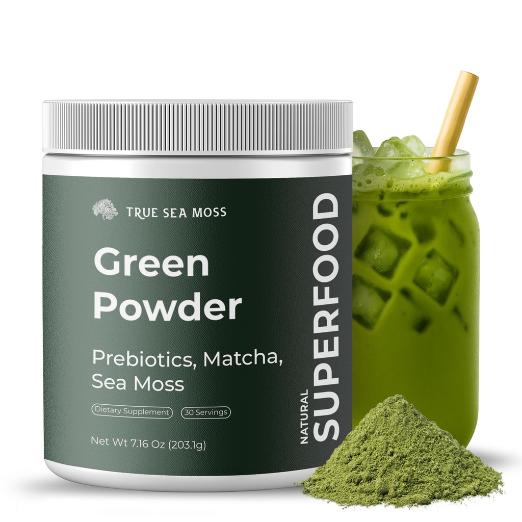 Super Green Powder med Matcha til fordøjelse & Gut Sundhed - 25 Økologiske superfødevarer med Probiotika, Prebiotika, Enzymes & Sea Moss - Vegan Superfood Powder til Bloating & Regularity - 30 Servering