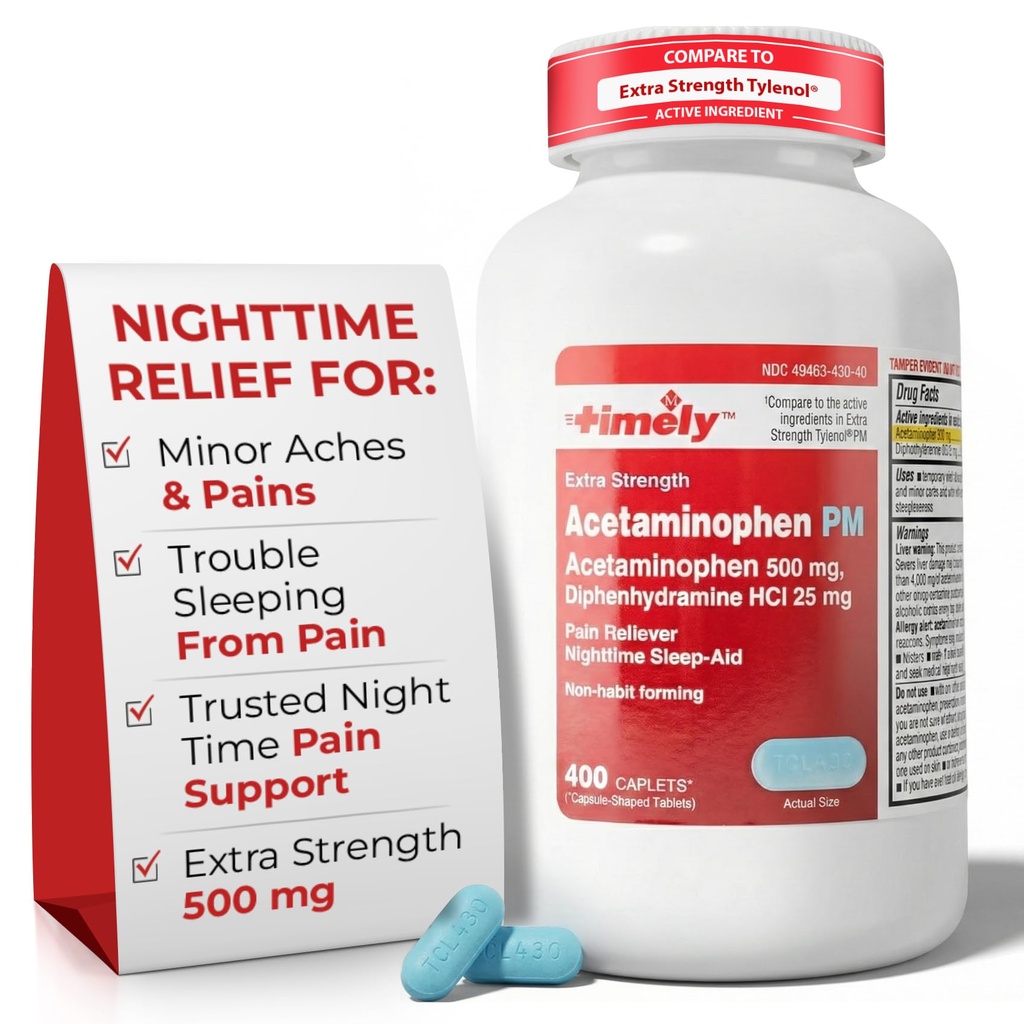 TIME-CAP LABS, INC. Tidligt Acetaminophen PM - Ekstra styrke PM - 400 Tæl - Sammenlignet med Tylenol PM Ekstra styrke - Smerte Relief PM for en god nat søvn - Made in USA
