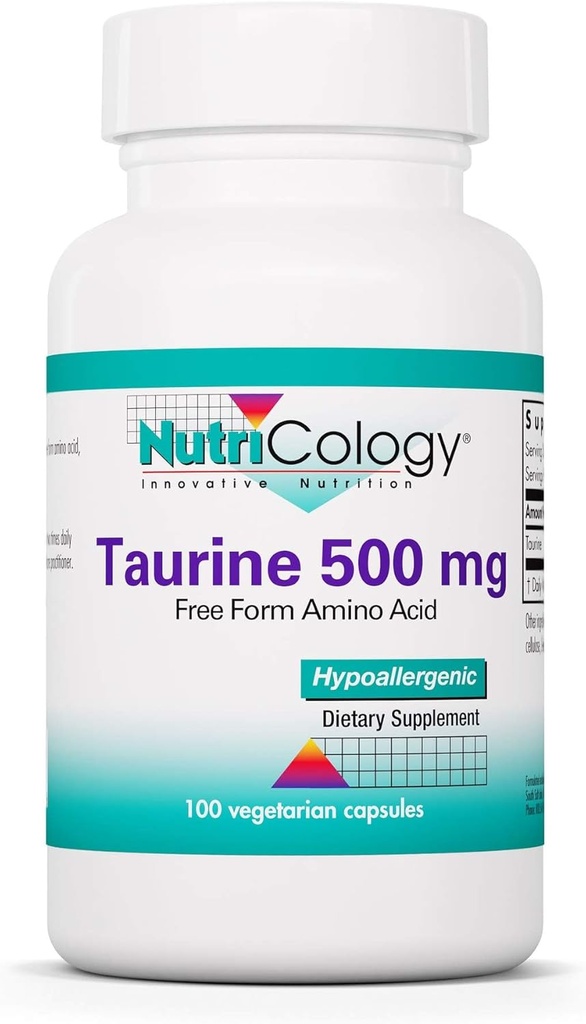 Nutricology Taurine 500mg Supplement - Kardiovaskulær Support, Gratis form Aminosyre, Pure, Økologisk, Vegetariske Kapsler - 100 Greve