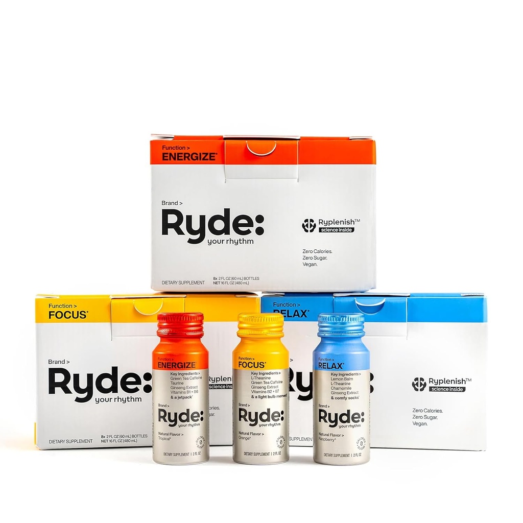 Ryde: Discovery Pack | Energize, Focus & Relax Shots | Green Tea Caffeine, Taurine, Ginseng, B Vitamins, L-Theanine, Lemon Balm, Chamomile | 0 Calories, 0 Sugar | Variety Pack – Try Them All (24 Pack)