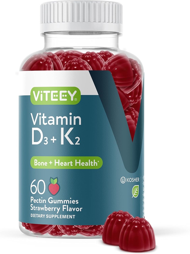 VITEEY Vitamin D3 K2 Gummies - 1000 IE Vitamin D3 og K2 100mcg - Knogler og hjerte sundhed for voksne og teenagere - Vegetarisk, Gelatine fri, GMO fri - Tasty Chewable D3K2 Vitamin Strawberry Flavored Gummy