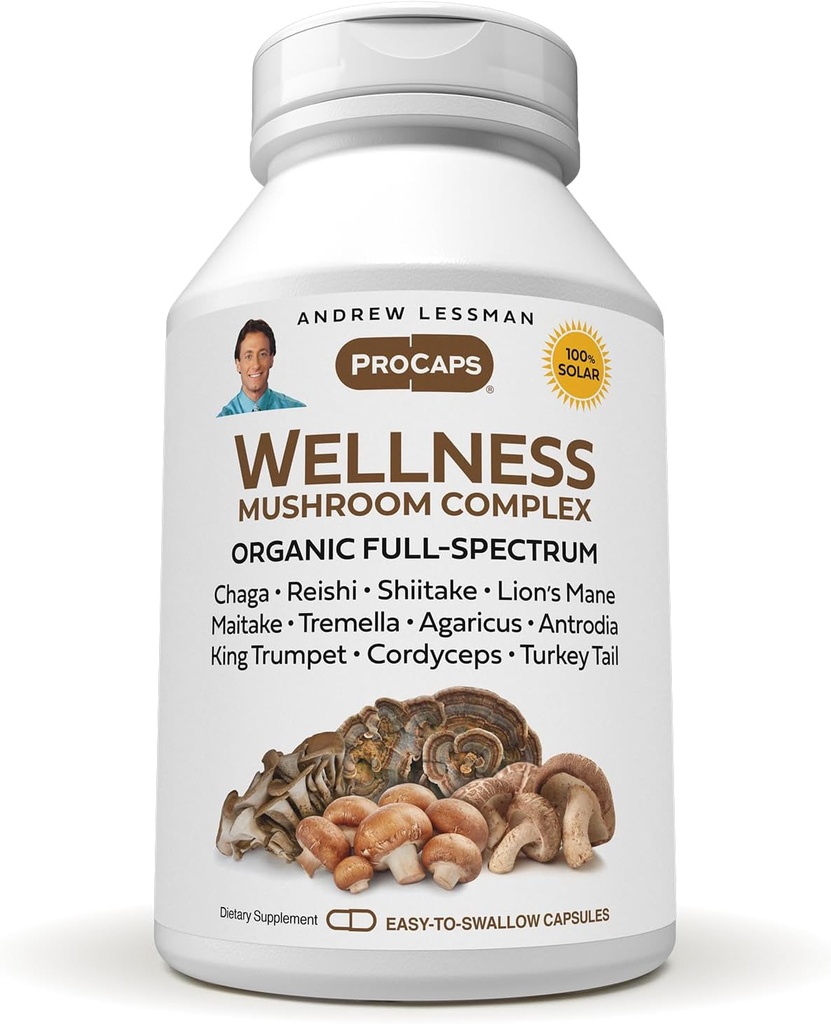 ANDREW LSSMAN Wellness Mushroom Complex 180 Kapsler - Organic Full Spectrum Blend af 11 Mushrooms - Understøtter total sundhed og vitalitet - ingen tilsætningsstoffer. Svampe Kompleks supplement