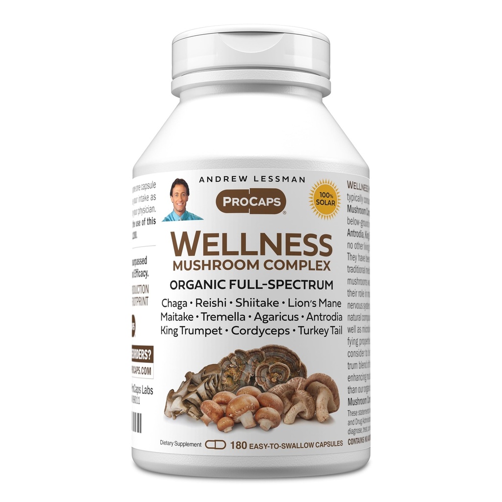 ANDREW LSSMAN Wellness Mushroom Complex 180 Kapsler - Organic Full Spectrum Blend af 11 Mushrooms - Understøtter total sundhed og vitalitet - ingen tilsætningsstoffer. Svampe Kompleks supplement