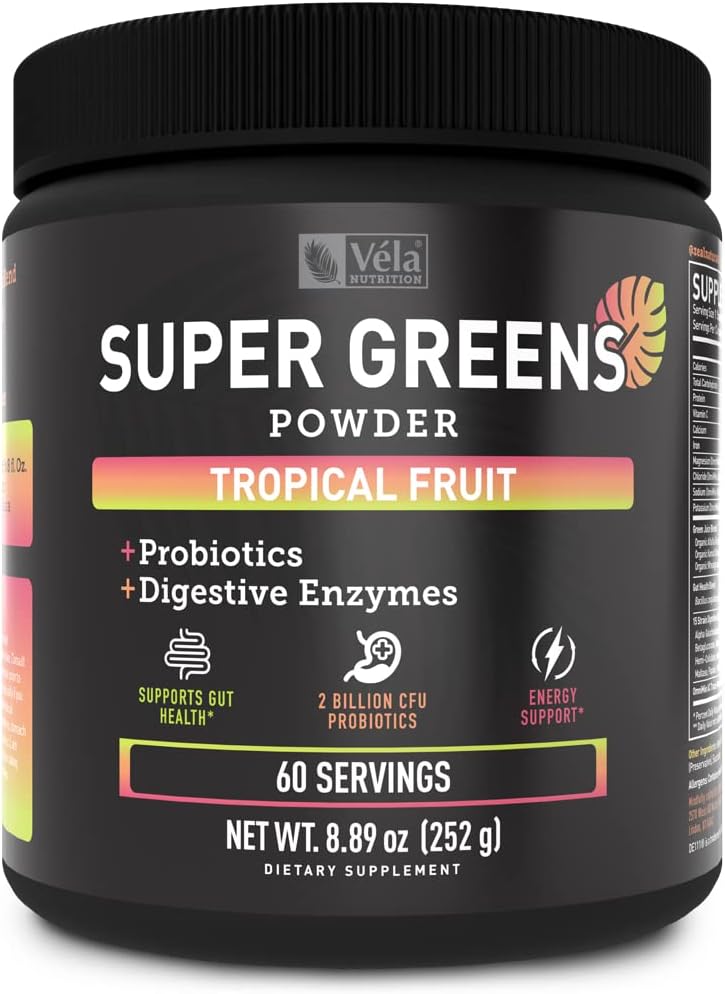 Super Greens Powder Budd124; Superfood til at understøtte fordøjelsesenzymer og Bloating med 2 Millioner Probiotika Budding124; Support Energiniveauer & Gut Sundhed Budding124; GMP Certificeret, Non- GMO Budding124; Tropical Fruit Refrisker