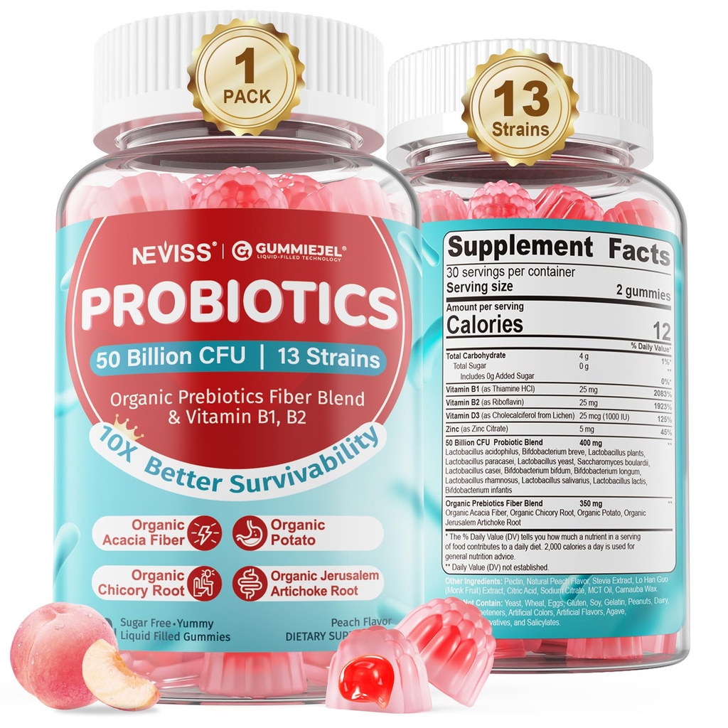 NEVISS Probiotisk + Prebiotiske Gummies for voksne & Børn 4 +, Sukker Free Chewable 50 Millioner CFU 'er w / Fiber, vitamin B1 B2 D3 & Zink, for fordøjelse & Gut sundhed, Boost Microflora mangfoldighed, 60 Cts