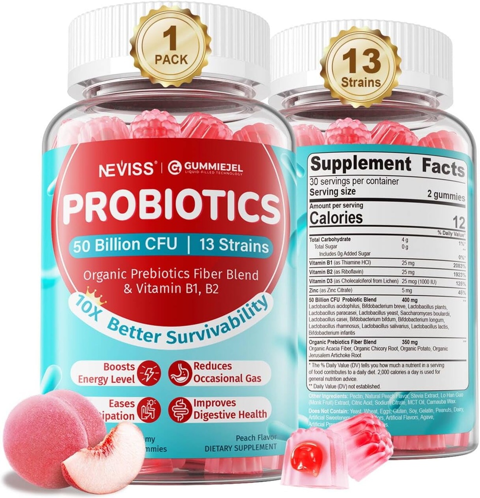NEVISS Probiotisk + Prebiotiske Gummies for voksne & Børn 4 +, Sukker Free Chewable 50 Millioner CFU 'er w / Fiber, vitamin B1 B2 D3 & Zink, for fordøjelse & Gut sundhed, Boost Microflora mangfoldighed, 60 Cts