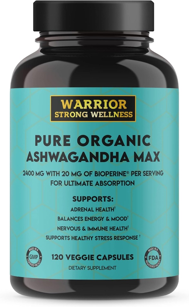 Pure Organic Ashwagandha kapsler med Bioperine - 2400 mg - 120 kapsler - Sund stress reaktion og Mood Boost, immunforsvar, bedre søvn