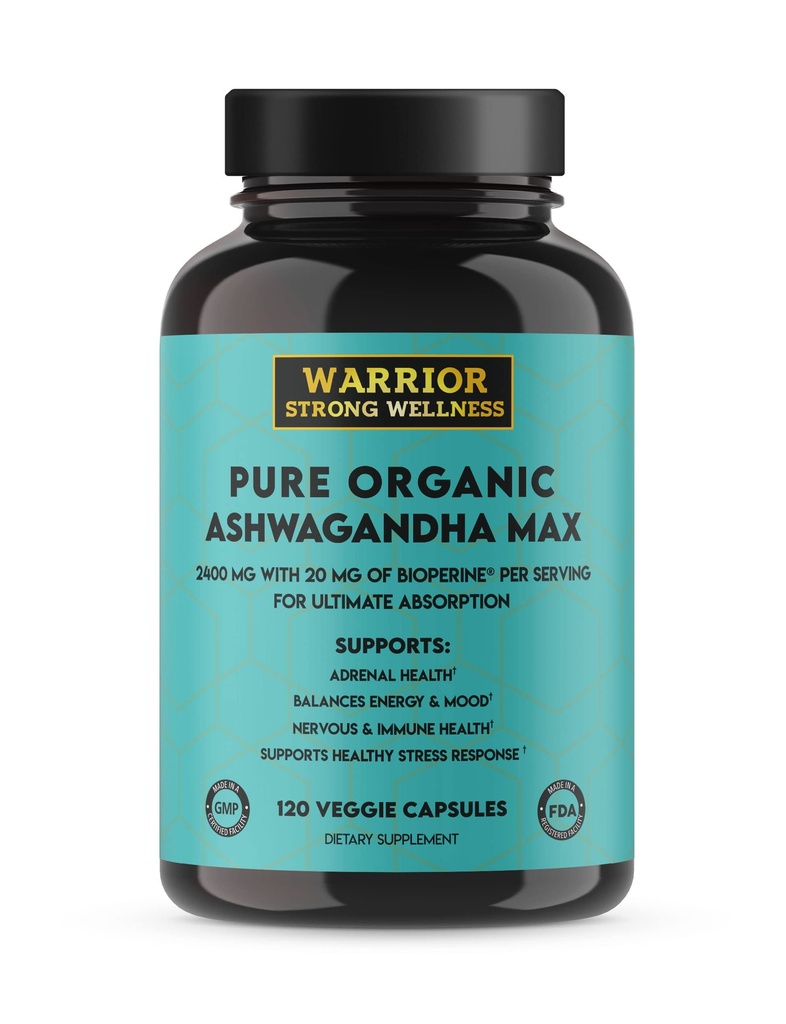 Pure Organic Ashwagandha kapsler med Bioperine - 2400 mg - 120 kapsler - Sund stress reaktion og Mood Boost, immunforsvar, bedre søvn