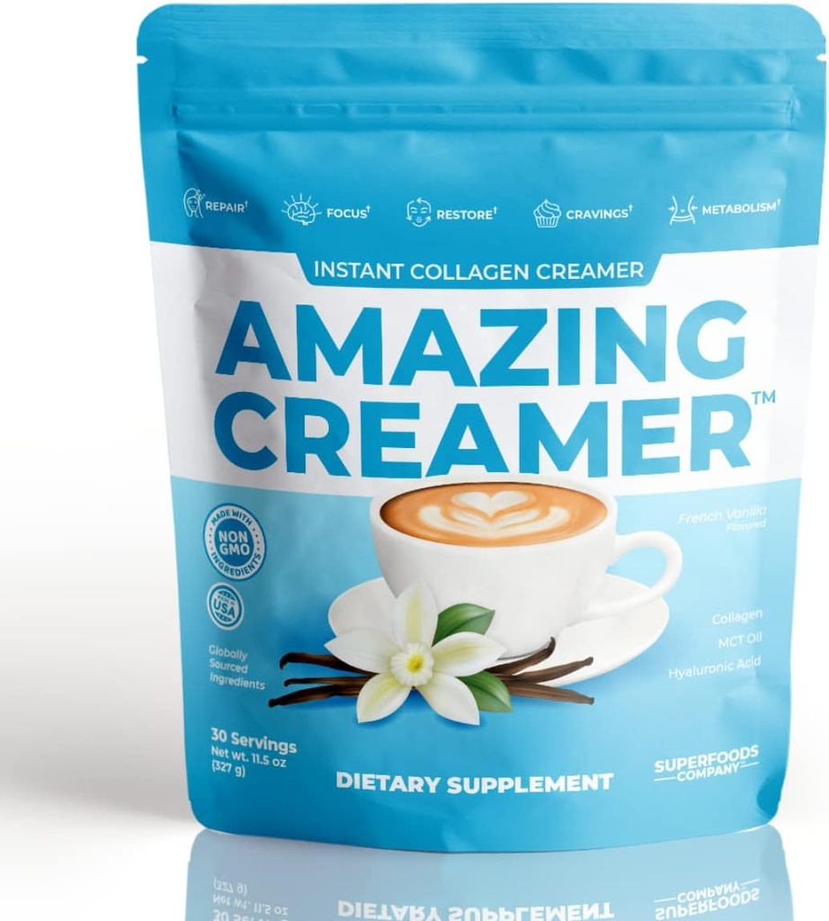 Superfoods Company Amazing Creamer med Collagen - Keto Creamer- Hyaluronic Acid & MCT Oil - Brain Boost & Curbs Cravings - Understøtter sund hud & hår - Diet- Friendly [30 Servere] [Vanilla]