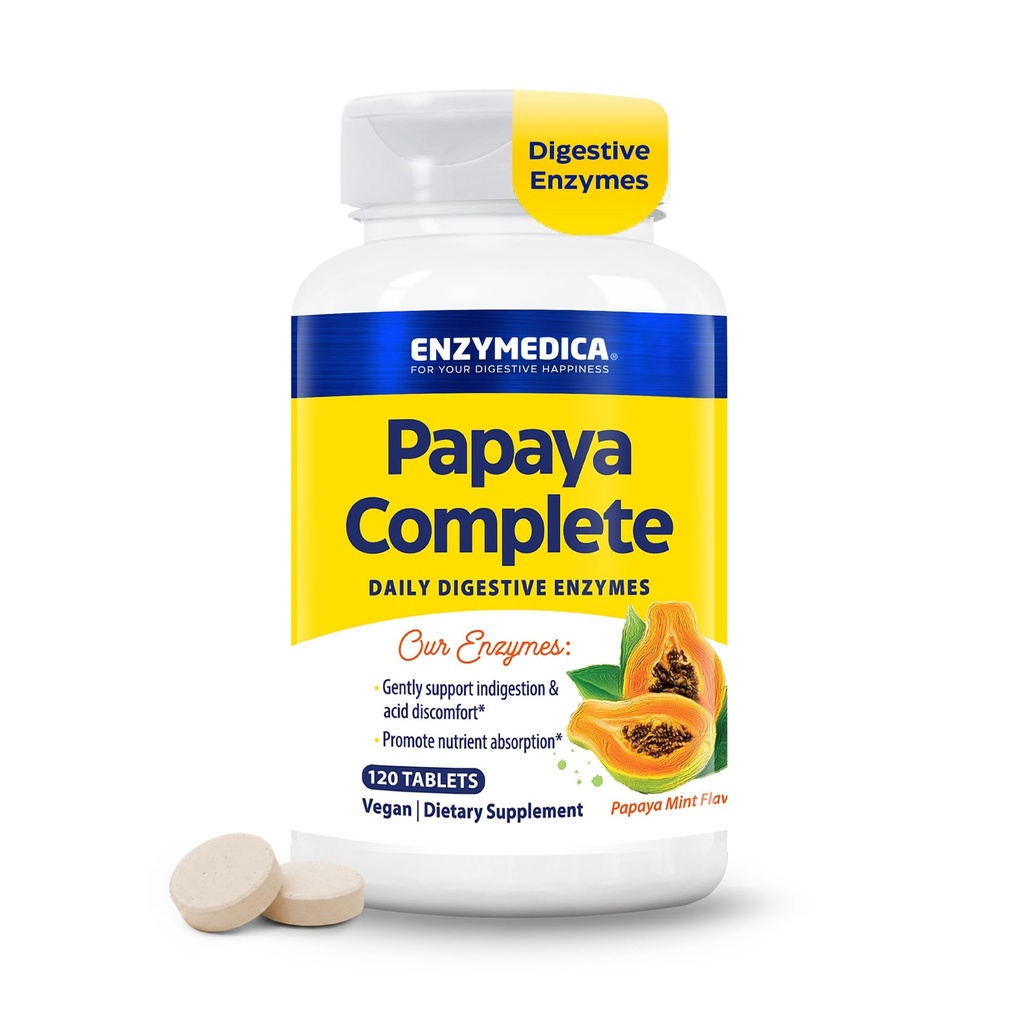 Enzymedica Papaya Enzymes Chewable, fordøjelsesenzymer for kvinder og mænd, med Organic Papaya Juice og Chlorophyll, High Potency Bromelain & Papain, Vegan, Mint Flavor, 120 tabletter