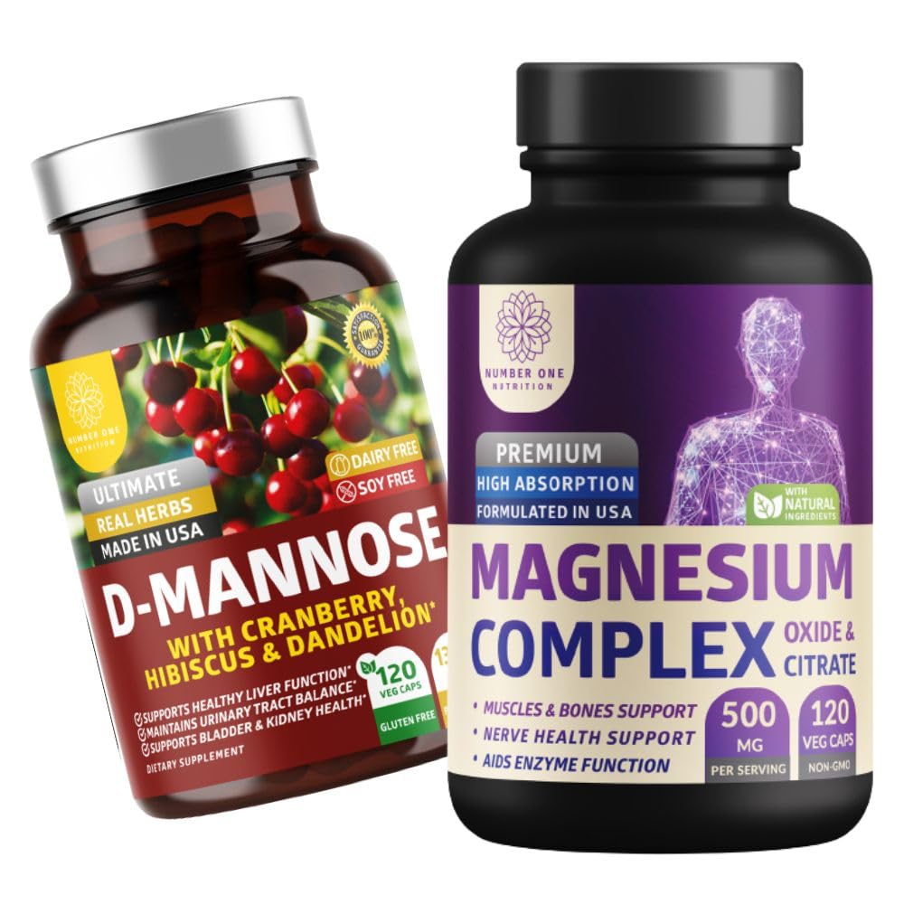N1N Premium Magnesiumkompleks [500mg] Høj Absorption og D- Mannose [1350mg med Cranberry & Hibiscus], Non- GMO og Gluten- Free, 2 Pack Bundle