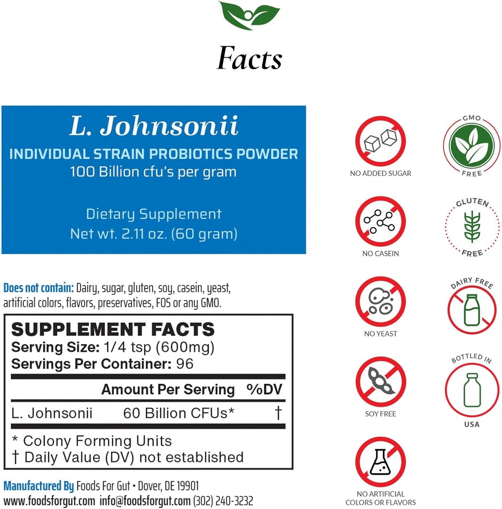 Fødevarer til Gut Lactobacillus Johnsonii Probiotic Powder 100 Millioner cfu 's • 124; Ingen tilsætningsstoffer • 124; Direkte fra producent • 124; Ingen Third- Party Storage • 124; immunforsvar • 124; L. Johnsonii • 124; 60 Bedste (2,11 Oz)