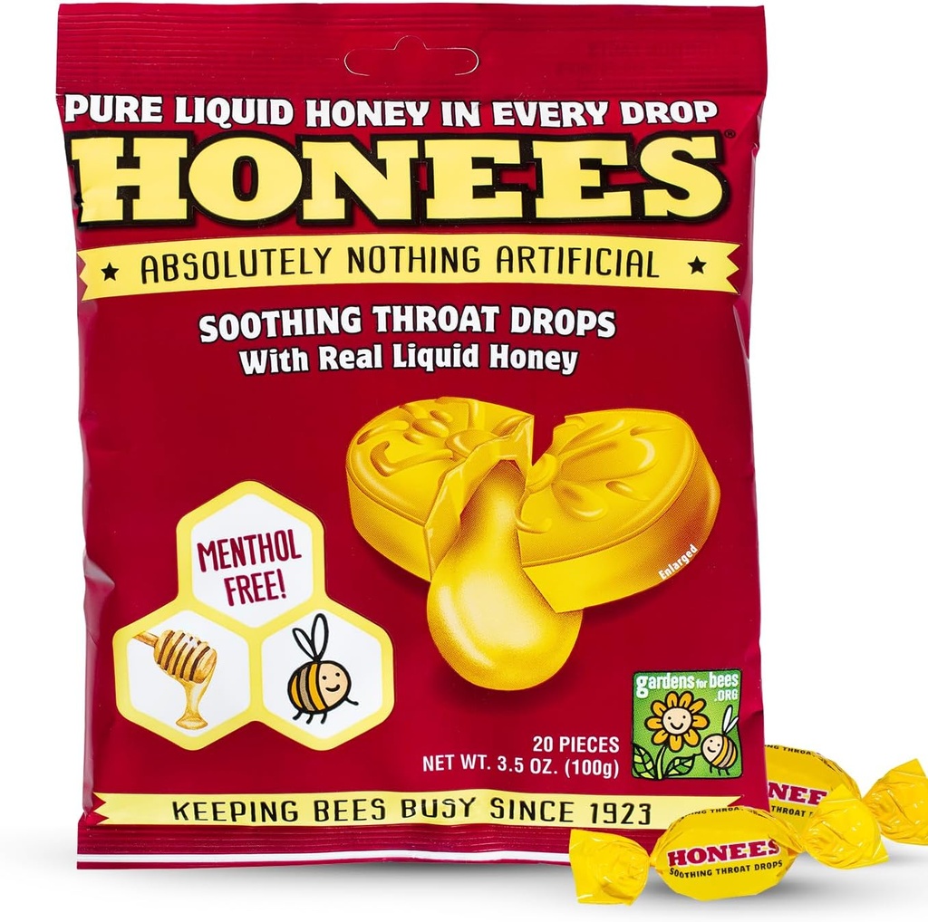 Hones Honey Fyldte dråber, Honey Hough Drops med Real Honey- Natural Sore Throat Relief- Nothtificial- Throat Coat Lozenges, Natural Hough Suppressant, Non- GMO, Gluten Free (1 pakke - 20 dråber)