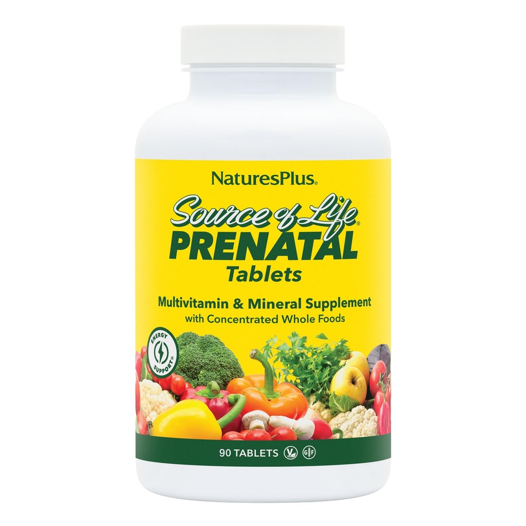 Natures Plus Kilde of Life Prenatal - 800 mcg Folate, 90 Vegetariske tabletter - Alle naturlige prenatal Vitamin & Min med Iron & Calcium - Optimal sundhed & energi - Gluten- Free - 45 Servering