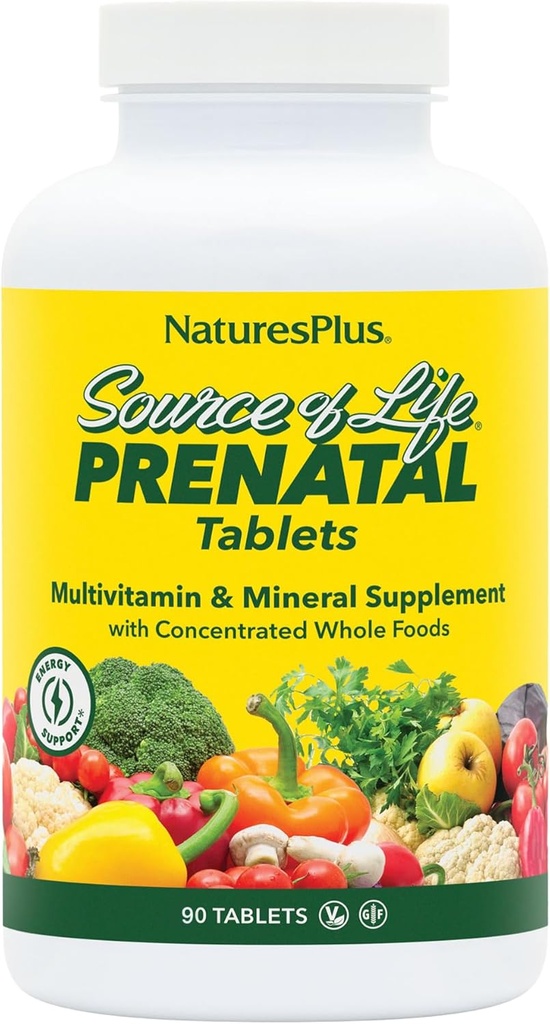 Natures Plus Kilde of Life Prenatal - 800 mcg Folate, 90 Vegetariske tabletter - Alle naturlige prenatal Vitamin & Min med Iron & Calcium - Optimal sundhed & energi - Gluten- Free - 45 Servering