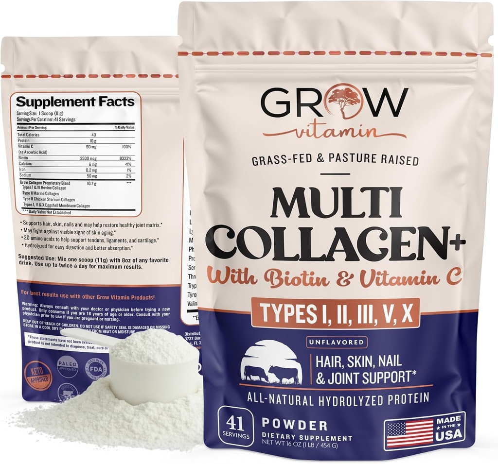 Collagen Multi Collagen Powder for Women w/Types I, II, III, V & X - Keto Friendly, Hydrolyzed Collagen Peptides Powder Blend w/Biotin & Vitamin C, 41 Servings
