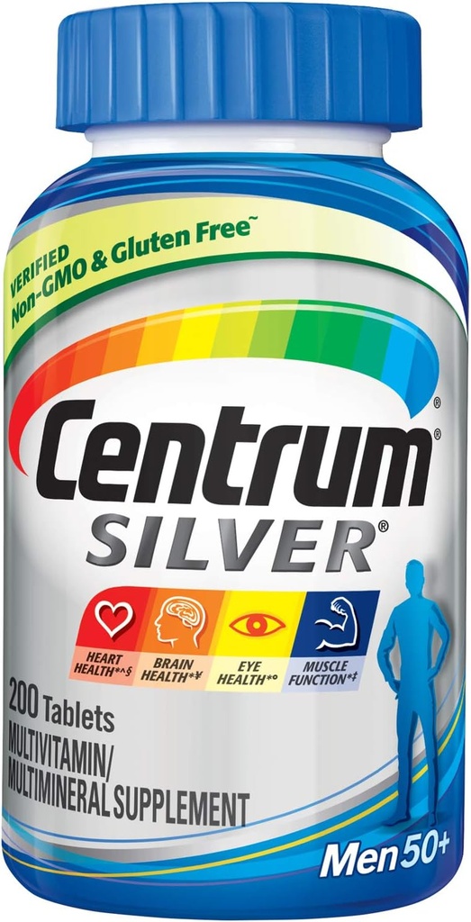 Centrum sølv Multivitamin til mænd 50 Plus, Multimineral Supplement, Vitamin D3, B- vitaminer og zink, Gluten fri, non-GMO ingredienser, understøtter hukommelse og kognition hos ældre voksne - 200 Ct