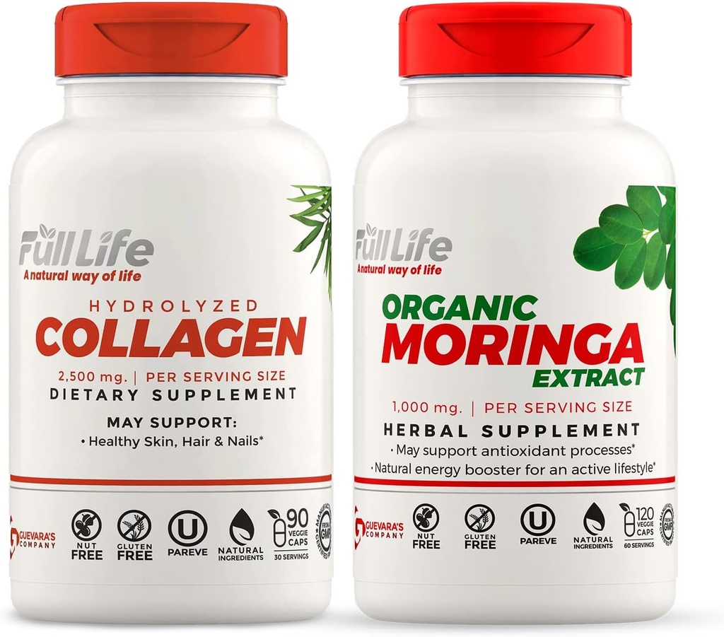 Full Life Hydrolyzed Collagen og Moringa Oleifera Kapsler - Kosttilskud - Kvægpiller Piller til kvinder og mænd, Glutenfri - Veggie Kapsler