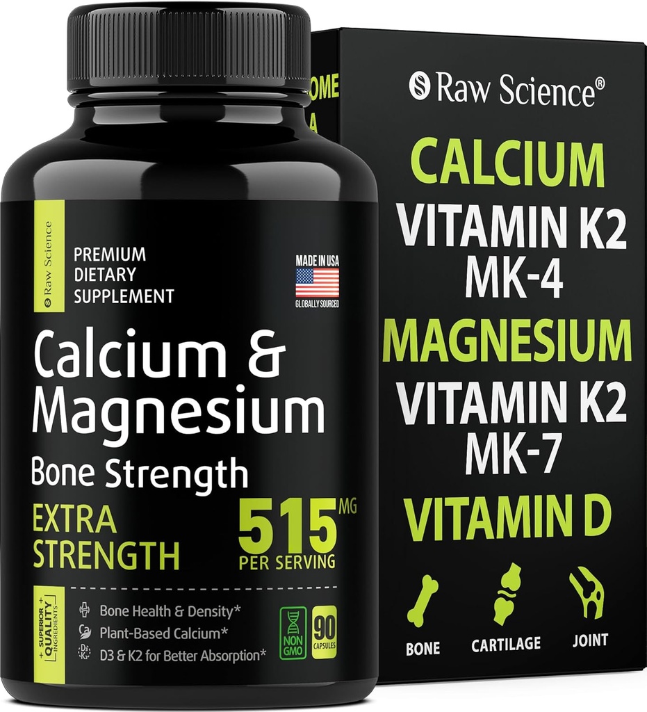 Calciumcitrat med vitamin D3 K2 & Magnesium Glycinat - Bone Strength Supplement - Plant baseret Calciumtilskud til kvinder & mænd - Magnesium og Calcium D3 K2 piller til bensundhed - 90 kapsler