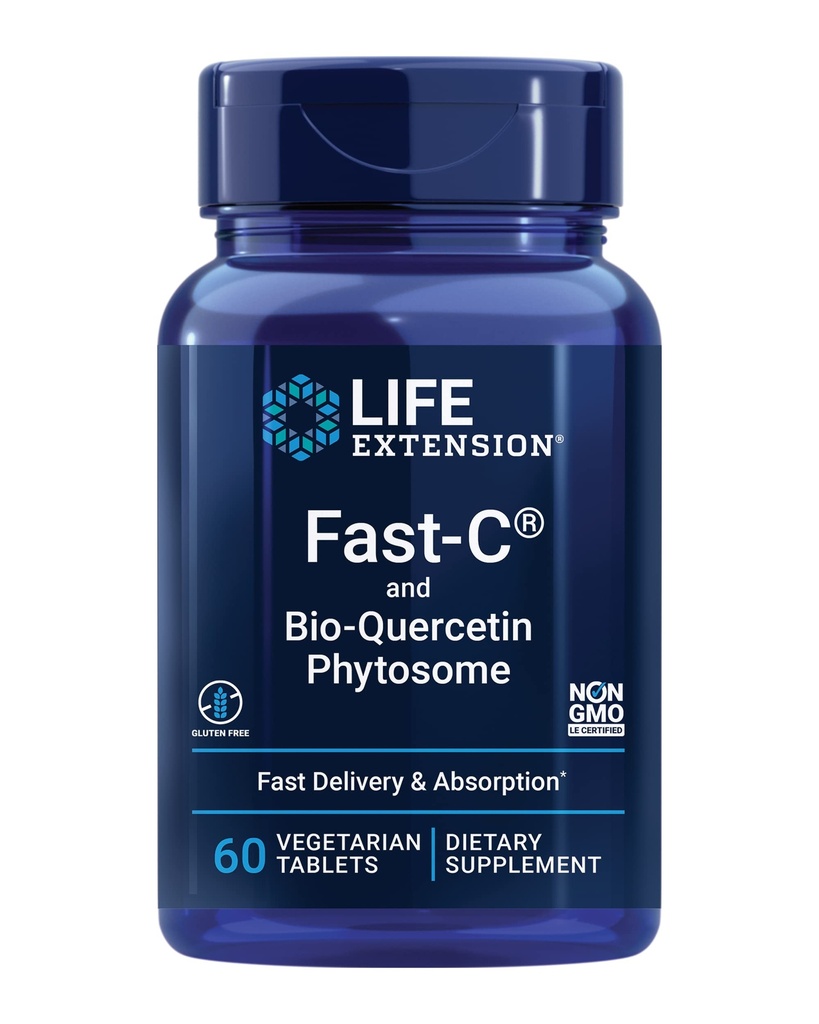 Life Extension Fast- C ® og Bio- Quercetin ®, Hurtig levering og absorption, C-vitamin, Fenugreek, Immunstøtte, Magnesium, Glutenfri, Non- GMO, Vegetar, 60 tabletter