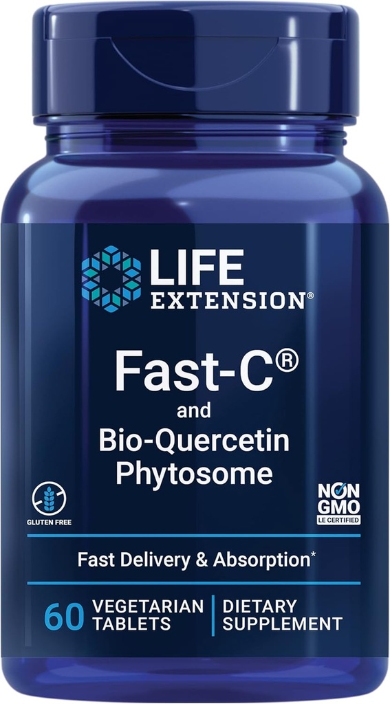 Life Extension Fast- C ® og Bio- Quercetin ®, Hurtig levering og absorption, C-vitamin, Fenugreek, Immunstøtte, Magnesium, Glutenfri, Non- GMO, Vegetar, 60 tabletter