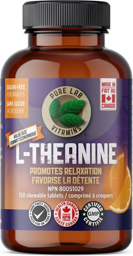Pure Lab Vitaminer - L- Theanine 125mg, 150 tyggetabletter - L- Theanine supplement til fremme afslapning, dvalestøtte, Mood Support, Brain Memory og Focus supplement - Forbedrer søvnkvalitet