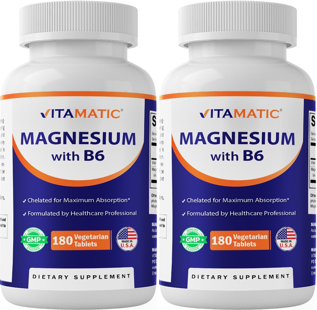 Vitamatic Magnesium with B6-180 Vegetarian Tablets (Uncoated) - Added B6 for Maximum Absorption - Supports Muscle, Joint, and Heart Health - 2 Pack
