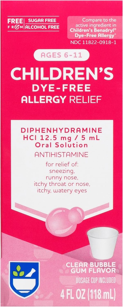 Rite Aid Children 's Allergy Relief, Diphenhydramin HCI, Bubble Gum Flavor, 12, 5 mg - 4 oz
