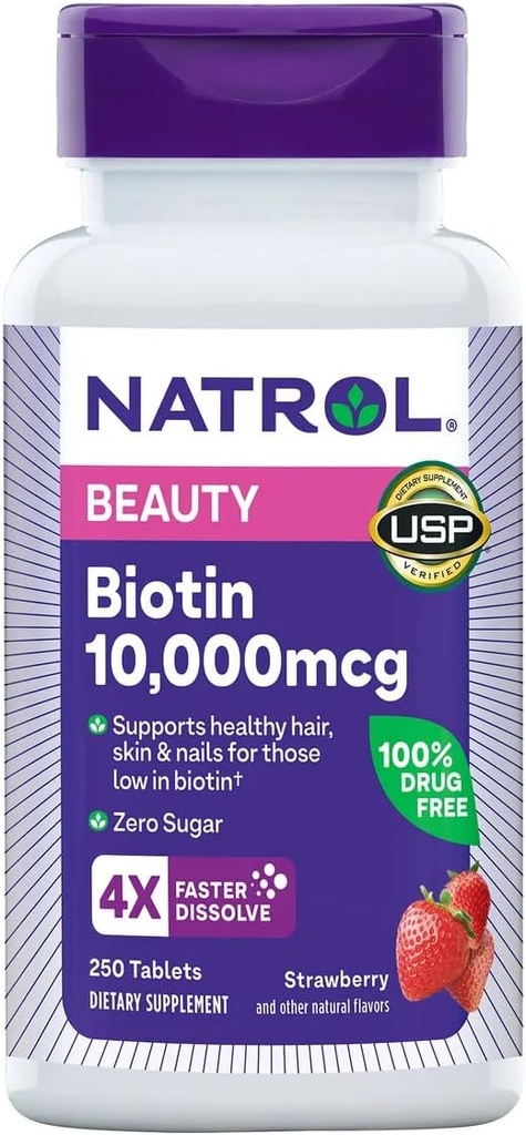 Natrol Biotin 10000 mcg, Strawberry Flavor, Fast Opløs tabletter, Ekstra Styrke, 250 Tæl