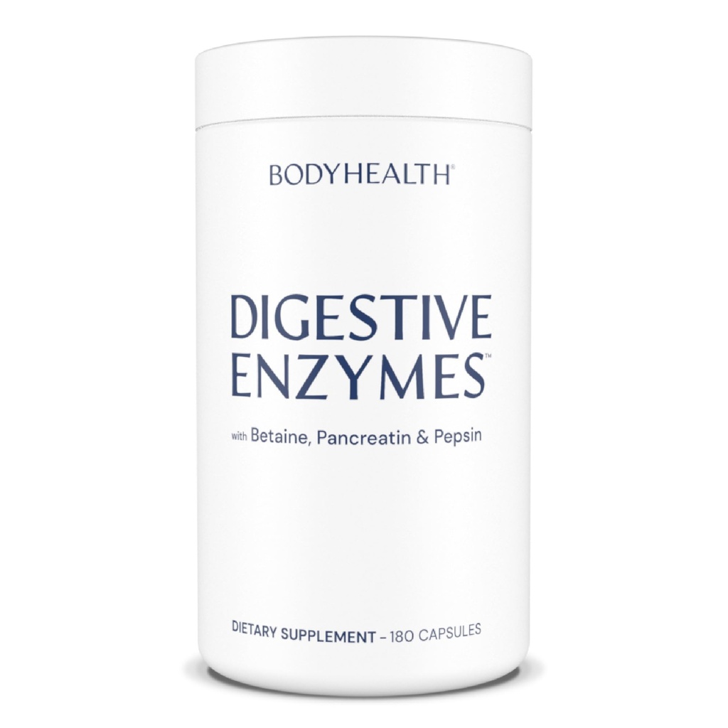 BodyHealth fordøjelsesenzymer Fuld Spectrum fordøjelsesstøtte (180 hætter), betain, Pepsin, Pancreatin BPP Indfyldt med enzymer og probiotika, Relief for Mave Bloating, Heartburn, Gas, Forstoppelse
