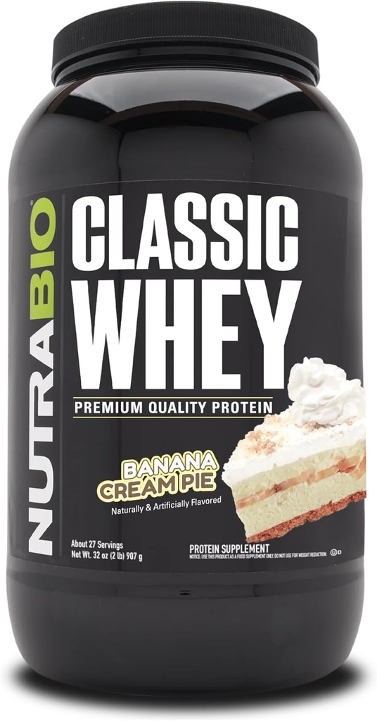 NutraBio Classic Whey Protein Powder- 25G Protein Per Scoop - Full- Spectrum Aminosyreprofil - Ingen Fillers, Kunstige Farver, Preservatives - (Banana Cream Pie, 2 Pounds)