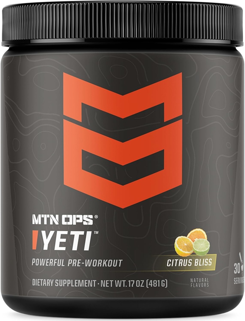 MTN OPS Yeti Pre- Workout Powder Energy Drink with Creatin, 200mg Coffein & BCAAs with Beta Alanine, 30- Serving Tub, Citrus Bliss