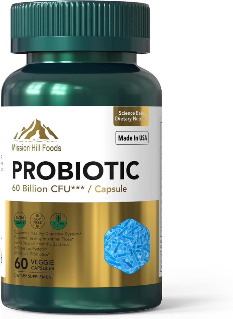 Probiotisk 60 Millioner CFU = 124; Understøtter fordøjelsessygdomme og immunforsvar (1 flaske-60 Capsules- 2mo Supply) = 124; Indeholder 7 naturlige probiotiske stammer = 124; Non- GMO Gluten & Soy Free