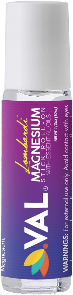 VAL Lombardi Magnesium Stick Rollon med pebermynte & andre essentielle olier - Cooling Comfort for dit hoved. Metal Roller. Lavet i USA. 10 ml.