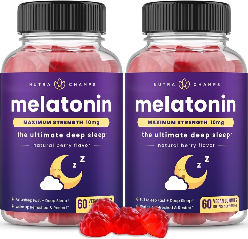 NutraChamps (pakke med 2 melatonin gummier til voksne, ekstra styrke sovemiddel Vitaminer, 5 mg eller 10 mg dosis, Vegan Natural Strawberry Flavor supplement til bedre søvn, 120 gummies
