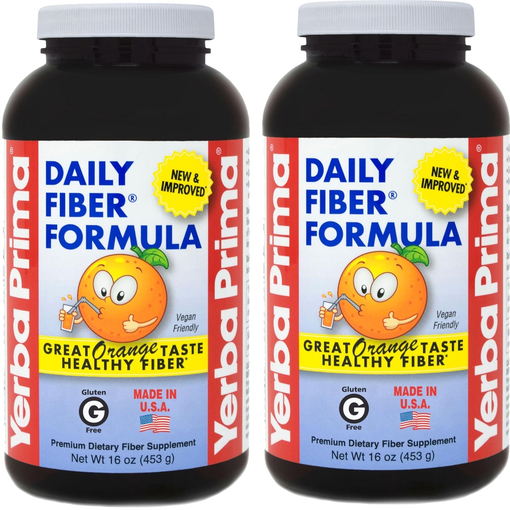 Yerba Prima Daily Fiber Formel 16 oz (Pack of 2) - Premium Dietary Fiber Supplement, Non-GMO, Gluten Free, Made in The USA, Orange Flavor