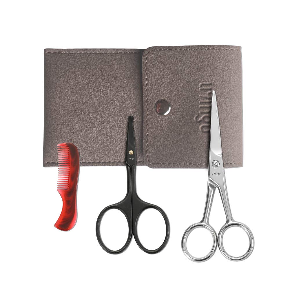 LIVINGO 4,5 inches Beard & Mustache Saks til mænd, Professional Afrunded Tip Sikkerhed Sharp rustfrit stål lille skønhed Ansigtsømme Hår trimming sakse Kit med Mini Comb og læder sag