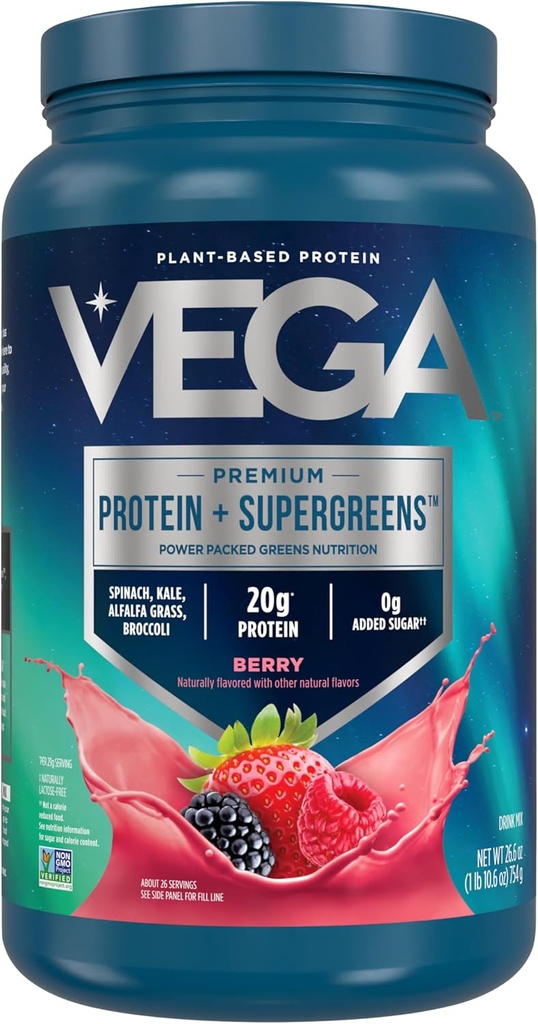 Vega Protein + Supergreens - 20g Plant- baseret protein, Berry, 26 Servering, Real Green & Veggies, Vegan Keto, 0g Tilføjet sukker, Non- GMO, Gluten Gratis, Dairy Free, 1.7lbs (Packaging May Vary)
