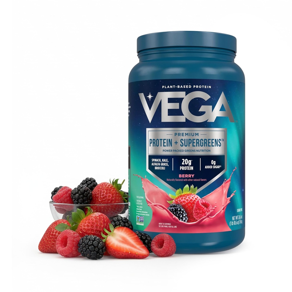 Vega Protein + Supergreens - 20g Plant- baseret protein, Berry, 26 Servering, Real Green & Veggies, Vegan Keto, 0g Tilføjet sukker, Non- GMO, Gluten Gratis, Dairy Free, 1.7lbs (Packaging May Vary)
