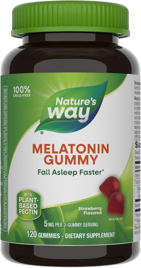 Nature 's Way Voksen Melatonin Gummies, Understøtter Restainful Sleep *, Fall Asseep Hurtigere *, Strawberry Flavored, 5 mg Melatonin Gummies per 2-Gummy Serving, 120 Greve