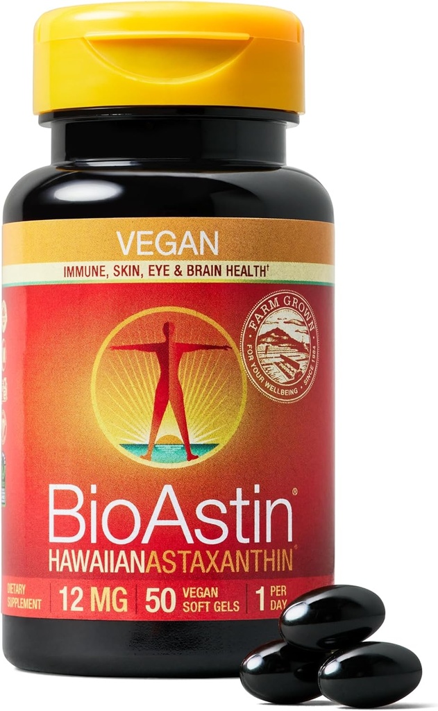 Nutrex Hawaii Vegan BioAstin Hawaii Astaxanthin - 12mg, 50 Softgels - Farm-Direct Premium Antioxidant supplement til støtte øje, hud, fælles & immunsystem sundhed - Vegan, ikke-GMO & gluten- fri
