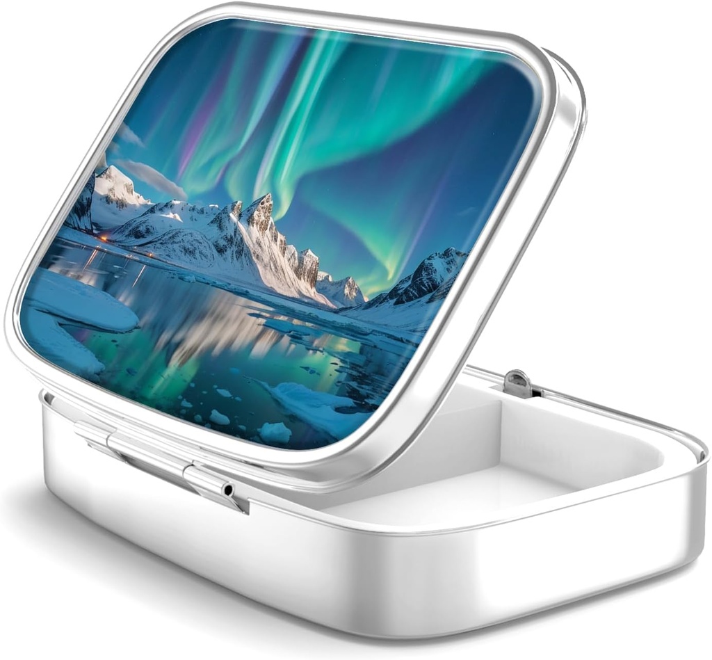 Pill Box 2 Segment Lille Pill Case, Portable for Pocket eller Purse Pill Arrangør Pill Container Holder til at holde vitaminer, medicin, fiskeolie og kosttilskud (Aurora Lights)